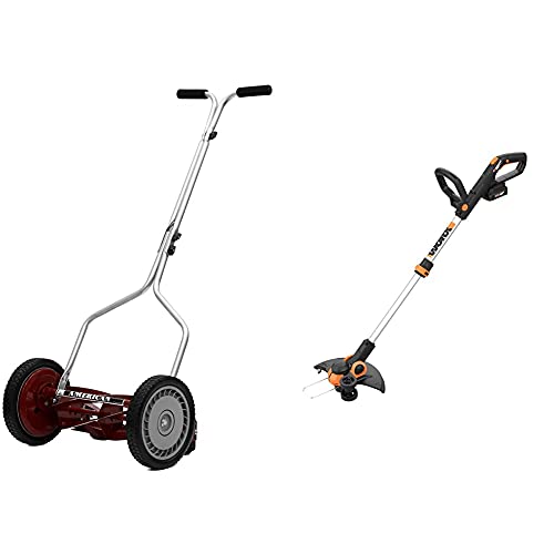 American Lawn Mower Company 1304-14 14-Inch 5-Blade Push Reel Lawn Mower & Worx WG163 GT 3.0 20V Power Share 12 Inch Cordless String Trimmer & Edger, 12in, 2 Batteries Included