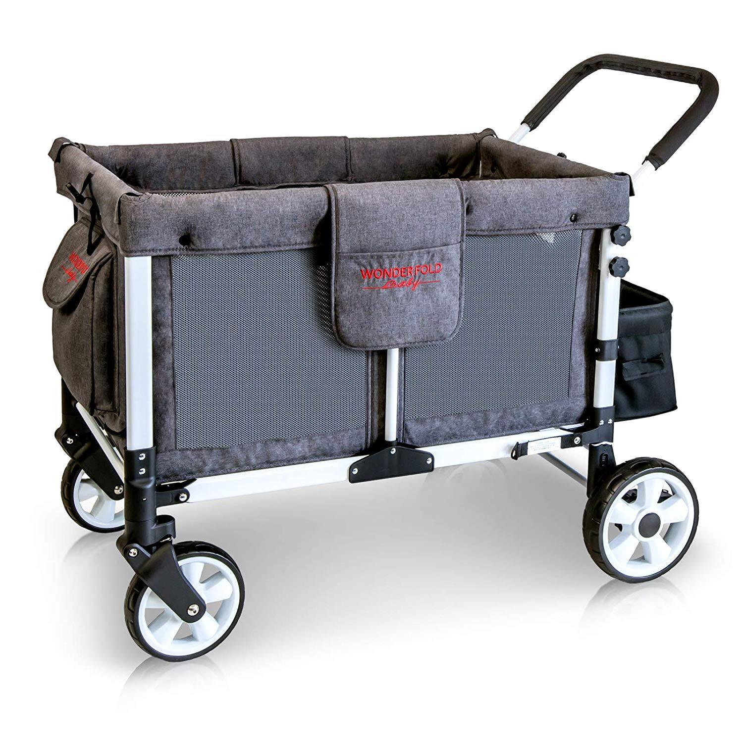 WonderFold Baby Multi-Function Folding Quad Stroller Wagon with Removable Canopy and Seats Gray New