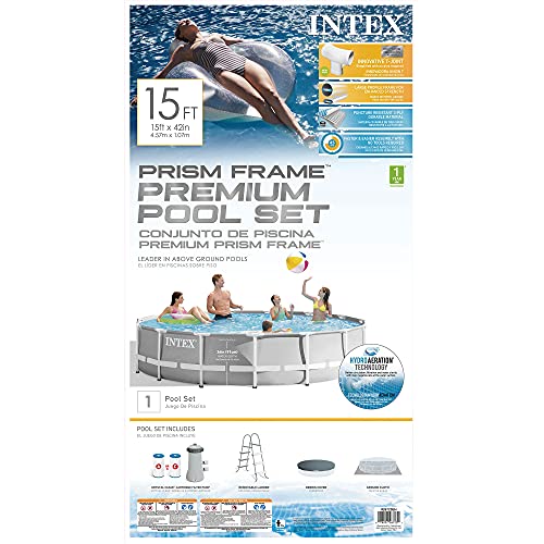Intex 26723EH 15ft x 42in Prism Frame Above Ground Swimming Pool Set with Debris Cover, Ladder, and 120V 1,000 GPH Cartridge Filter Pump