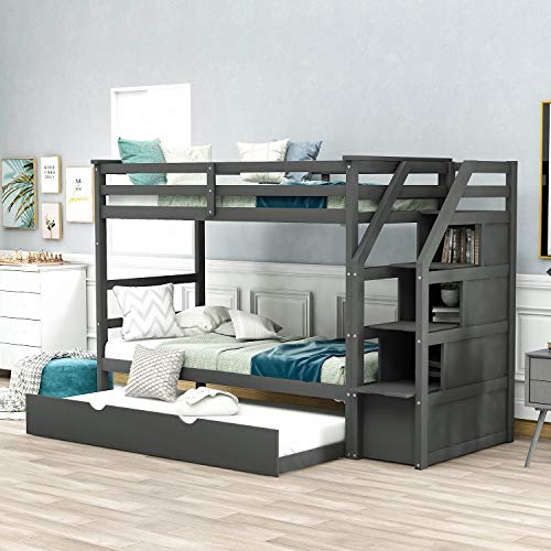 Bunk Beds Twin Over Twin with Trundle , Wood Twin Over Twin Bunk Bed with Stairs, Twin Bunk Beds with High Length Guardrail for Kids Teens Adults, Grey