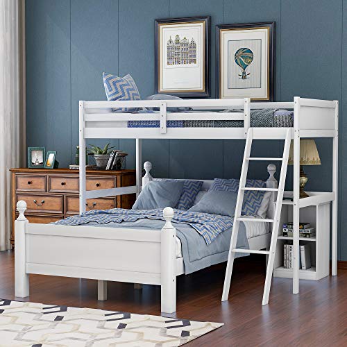 Harper&Bright Designs Twin Over Full bunk beds with Cabinet, Wood Twin Over Full Loft Bed L-Shaped with Ladder, No Box Spring Need (Loft Bed-White, Twin Over Full)
