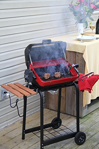 Americana Electric Cart Grill with two folding, composite-wood side tables and wire shelf