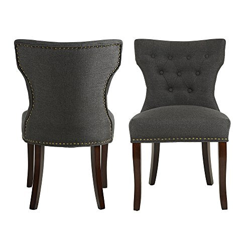 LSSBOUGHT Set of 2 Fabric Dining Chairs Leisure Padded Chairs with Brown Solid Wooden Legs,Nailed Trim,Charcoal
