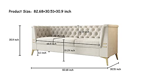WILLIAMSPACE Chesterfield Sofa 3 Seater Beige Couches Upholstered Tufted Velvet Sectional Sofa for Living Room/Office/Apartment