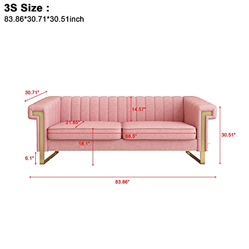 Chesterfield Sofa with Tufted Upholstered,Modern Velvet Couch with Flared Arms and Removable Cushions,83.85 Inch Width Living Room Furniture,Solid Wood Frame and Gold Legs,Pink