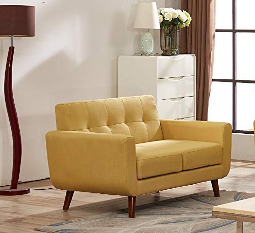 Container Furniture Direct Jenny Linen Uphostered Mid-Century Modern Button Tufted Living Room Loveseat, Honey