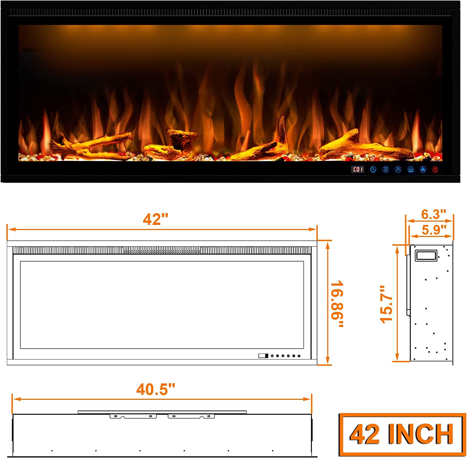 批量编辑标题Benrocks BI42Z 42 in. 750/1500W Recessed and Wall Mounted Fireplace with Remote and App Control Black New