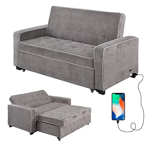 65” Modern Fabric Linen Upholstered Convertible USB Folding Futon Couch Sofa Bed, Foldable Loveseat, Loveseats Furniture for Compact Small Space, Dorm, Living Room Apartment, Office, Dark Grey