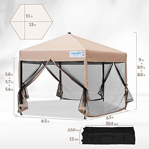 Quictent 13’ X 13’ Hexagonal Gazebo with Solar Powered LED Lights Pop up Canopy Tent with Mosquito Net ,Easy up Screened Canopy Gazebo, Beige