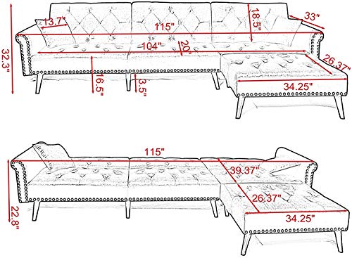 Rhomtree Sectional Sofa Couch with Lounge Chairs Velvet Convertible Sofa Bed with Adjustable Back Day Bed Nailhead Trim Living Room Furniture (Grey)