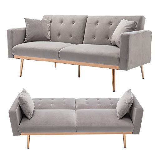 TITA-DONG Velvet Sofa Convertible Sleeper Sofa,Modern Tufted Sofa Bed with 2 Throw Pillow & Gold Plating Base 5 Leg, Adjustable Folding Accent Sofa Couch for Living Room (Grey)