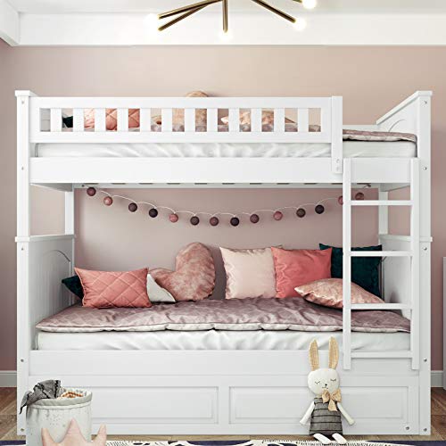 Bunk Beds Full Over Full with Trundle, Solid Wood Full Bunk Beds with Ladder, High Length Guardrail, No Box Spring Needed