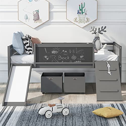 Kids Loft Beds, Low Loft Bed Frame with Slide Twin Loft Bed with Storage Boxes, Climbing Ladder and Chalk Board Multifunctional Modern Loft Bed for Kids Boys Girls , Gray