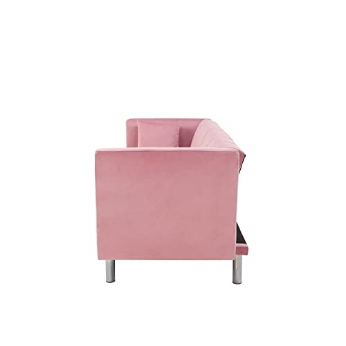 Futon Sofa, Loveseat Sofa, Convertible Sleeper Pink Velvet, with Metal Legs and Detachable Armrests