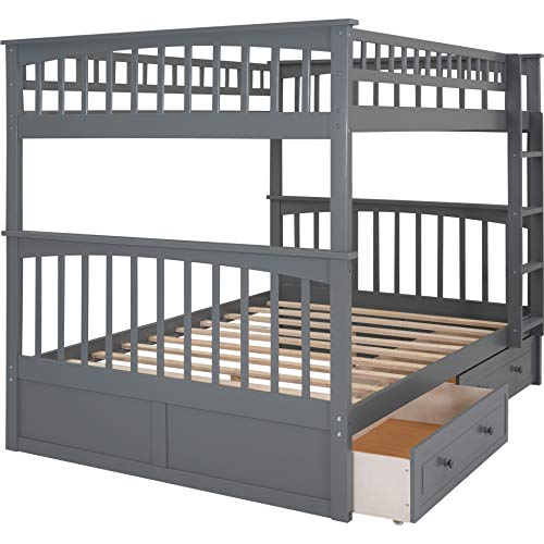 Full Over Full Bunk Bed with Drawers, Wooden Bunk Bed Frame, Gray
