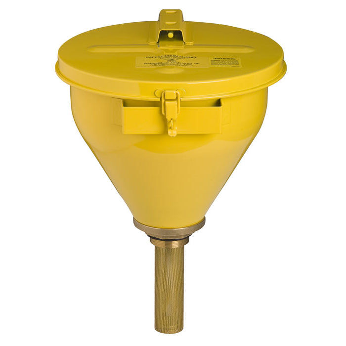Justrite Large Steel Drum Funnel For Flammables, 32 Inch Flame Arrester, Self-Closing Cover, 2 Inch Bung, Yellow