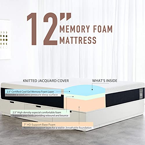 King Size Mattress, 12 Inch Iyee Nature Cooling-Gel Memory Foam Mattress Bed in a Box, Supportive & Pressure Relief with Breathable Soft Fabric Cover, Medium Firm Feel,Black