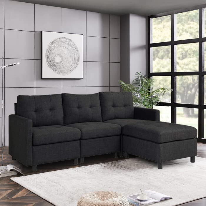 Convertible Sectional Sofa Couch Linen Fabric L-Shaped Couch 3-Seat Sofa with Reversible Chaise for Living Room, Bedroom,Small Apartment