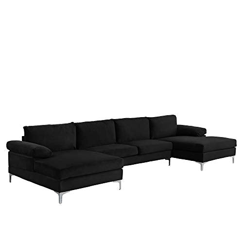 Casa AndreaMilano Modern Large Velvet Fabric U-Shape Sectional Sofa, Double Extra Wide Chaise Lounge Couch, Black