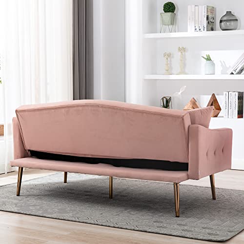 Luccalily Accent Sofa,Velvet Leisure Sleeper Comfy Sofa Couch with 2 Throw Pillow, Accent Sofa Recliner,with 5 Rose Golden Metal Legs,Mid-Century Modern Velvet loveseat Sofa for Living Room (Pink)