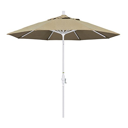 California Umbrella 9' Round Aluminum Market Umbrella, Crank Lift, Collar Tilt, White Pole, Sunbrella Heather Beige