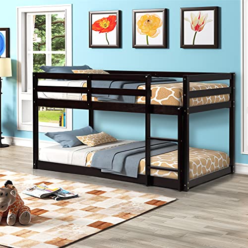 Twin Over Twin Floor Bunk Bed, Wooden Low Bunk Bed Frame with Guardrails and Ladder for Kids, Espresso