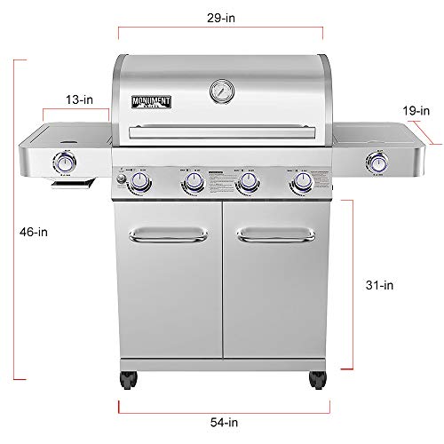Monument Grills 24367 4-Burner Stainless Steel Propane Gas Grill with Side & Side Sear Burners, Built in Thermometer, and LED Controls
