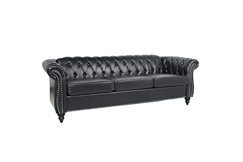Chesterfield Sofa Leather, Modern PU Tufted Couch 3 Seater with Rolled Arms and Nailhead for Living Room, Bedroom, Office, Apartment (Black)
