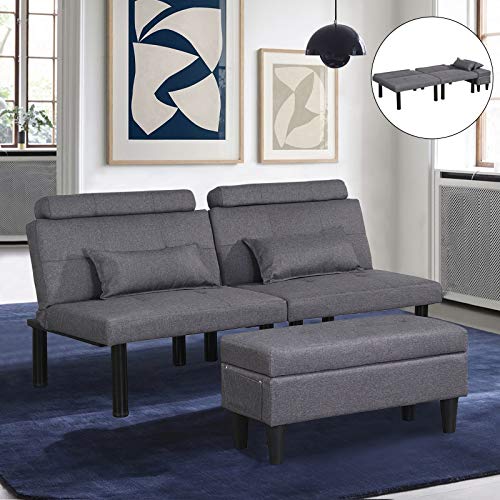Futon Sofa Bed Adjustable Convertible Sleeper Sofa for Living Room, Apartment, Dorm Storage Ottoman Coffee Table, Lumbar Pillows (Linen-Gray)