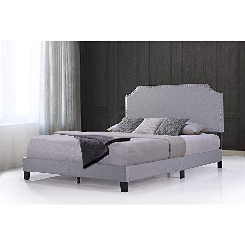 Merax Harper&Bright Designs Upholstered Platform Bed Frame with Light Grey Fabric Nailhead Trim Headboard and Wood Slats,King Size