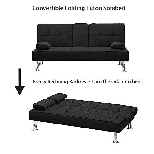 Polibi 3-Piece Black Fabric Sofa Couch Set, Convertible Folding Sofa Bed with Two Cup Holders, Single Sofa Bed with Ottoman, Removable Armrest and Metal Legs