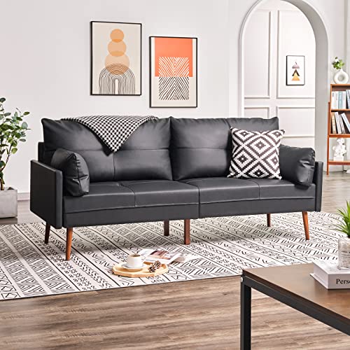 Vonanda 73 inch couches for Living Room, Faux Leather 3 Seater Sofa Modern Sofa with 2 Accent Rectangle Pillows, Upholstered Sofa for Bedroom Living Room Apartment Dorm Office, Black