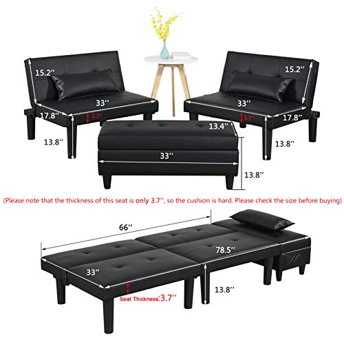 Convertible Futon Sofa Bed Couch with Ottoman Footstool or Coffee Table - Modern Tufted Faux Leather Loveseat Sleeper Sofa Bed with 8 Sturdy Legs and 2 Lumbar Pillows for Small Room, Apartment (Black)