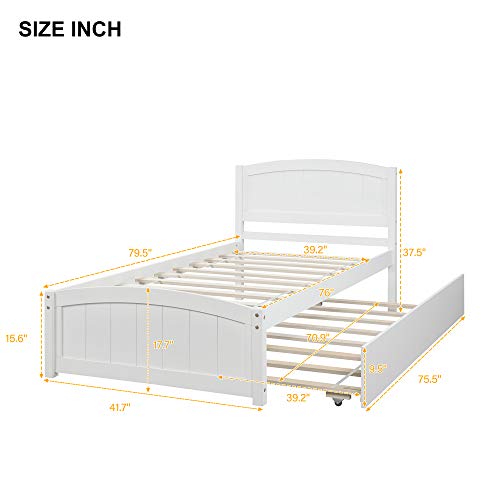 Harper & Bright Designs Twin Bed Frame with Trundle Kids Platform Twin Bed with Pull Out Trundle Solid Wood Bed,White