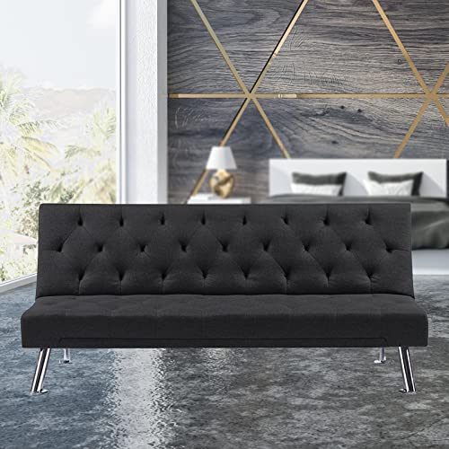 Sofa Bed Convertible Folding Futon Sofa Living Room Reclining Couch Modern Upholstered Sleeper Chair with Multiple Adjustable Positions Recliner Couches for Small Space Bedroom Apartment (Black)