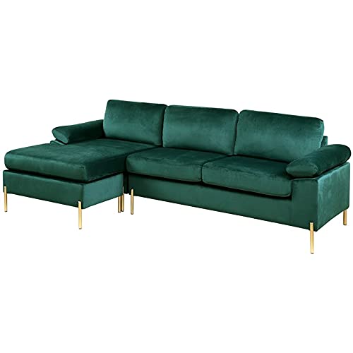 Devion Furniture Modern Velvet Sectional Sofa in Green/Gold Legs