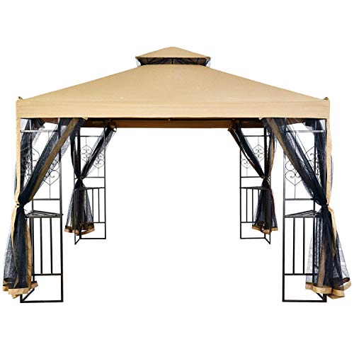 SUNA OUTDOOR Patio Gazebo 10x10 Ft Steel Frame Two-Tiered Top Canopy, Heart Screen Decor Gazebo with Adjustable Netting for Garden Backyard, Beige