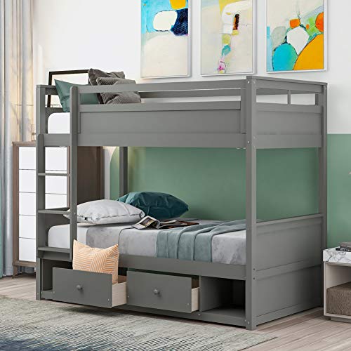 Harper & Bright Designs Bunk Bed Twin Over Twin, Twin Bunk Bed with Storage and Drawers , Wood Twin bunk Beds with Ladder , No Spring Box Needed, Grey