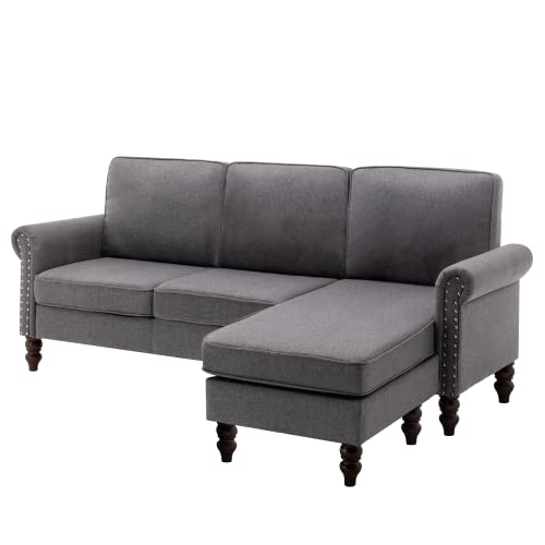 MELLCOM Small Sectional Couches, L-Shaped Sofa with Movable Ottoman, Reversible Chaise Longue, Small Couches for Living Room, Gray