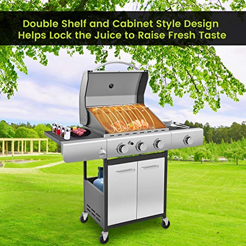 R.W.FLAME 34000 BTU Liquid Propane Grill with 3-Burner,Temperature Display, Bottle Opener, Side Burner, Cart Grills, Stainless Steel Gas BBQ Wagon