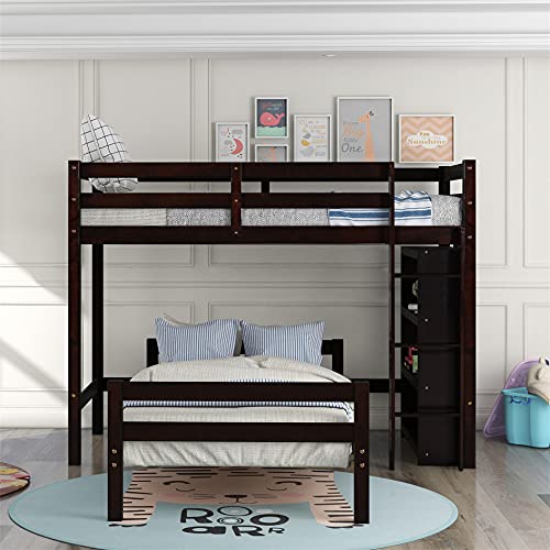 Twin Over Twin Bunk Bed, Twin Loft Bed with Storage Shelves, Solid Wood L-Sharped Bunk Beds Can be Separated into Loft Bed and Twin Platform Bed ,No Box Spring Needed, Espresso