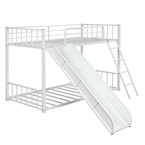 Twin Over Twin Metal Bunk Bed with Ladder and Slide, Heavy Duty Bed Frame with Safety Guard Rails for Kids Teens Adults, White