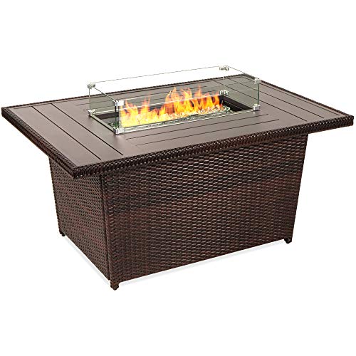 Best Choice Products 52in Gas Fire Pit Table, 50,000 BTU Outdoor Wicker Patio Propane Firepit w/Aluminum Tabletop, Glass Wind Guard, Clear Glass Rocks, Cover, Hideaway Tank Holder, Lid - Brown