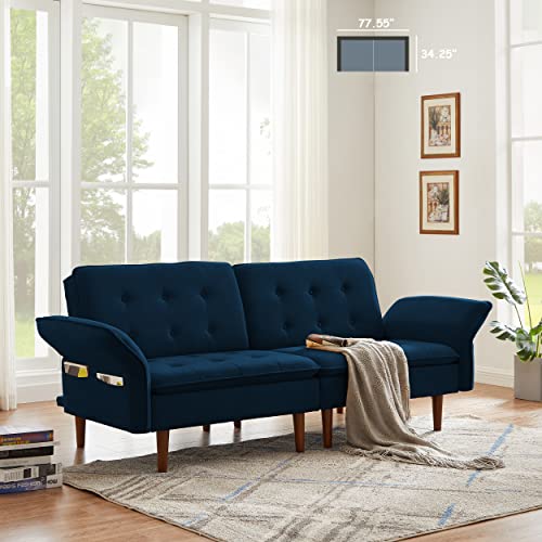 77 Inch Convertible Futon Sofa Bed, Yoglad Linen Sofa with Adjustable Armrest & Side-Pockets, Folding Sleeper Recliner Couch with 8 Wooden Legs, for Living Room, Bedroom, Dorm, Office (Navy)