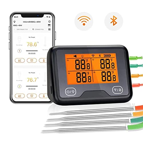 WYALS Kitchen Meat Thermometer,Instant Read Kitchen Cooking Wi-Fi Grill Thermometer Rechargeable Wireless BBQ Thermometer with 4 Probes with Graph