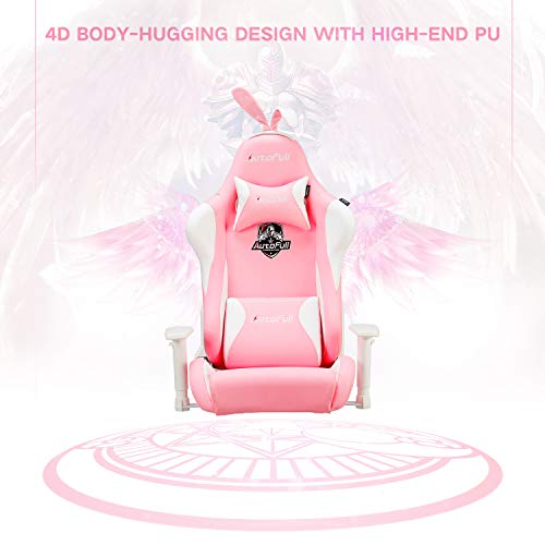 AutoFull Pink Gaming Chair PU Leather High Back Ergonomic Racing Office Desk Computer Chairs with Lumbar Support, Rabbit Ears