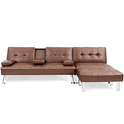 Giantex 3 Pieces Convertible Sectional Sofa Set, 3 Seat Sofa and Couch with Cup Holders and Ottoman, Tufted PU Leather Chaise Modern Reversible Living Room Furniture for Apartment Office (Brown)