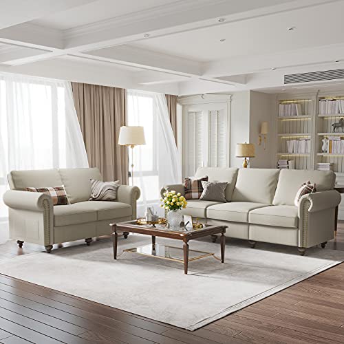Nolany Traditional 2 Piece Living Room Sofa Set Upholstered Fabric 3 Seats Sofa Couch and Loveseat Set Rolled Arm Sofa Sets, Light Beige