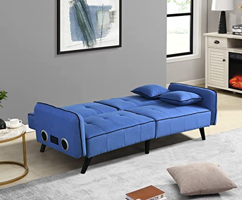 Convertible Futon Sofa Bed with Bluetooth Speaker, Modern Linen Upholstered Sleeper Loveseat Couch Home Furniture with Adjustable Backrest and 2 Pillows for Living Room, Bedroom, Office (Blue)