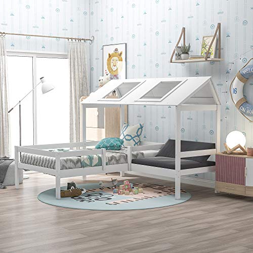 Twin Bed Frame with Relax Seat, Solid Wood House Bed with Free Cushions for Kids( Mattress not Included), House-Shaped Bed White